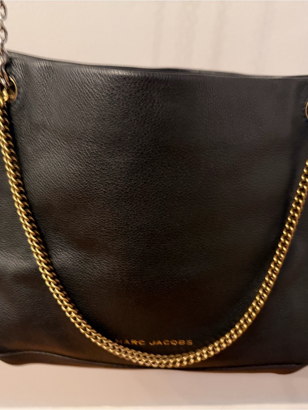 Marc Jacobs Black Leather Tote with Gold Chain Detail